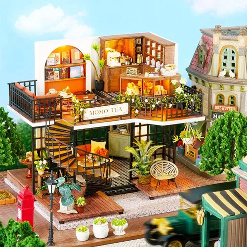 Vista 3 de Roroom Kit de casa de muñecas en miniatura y muebles, modelo de casa de muñecas de madera en 3D con cubierta a prueba de polvo y movimiento musical