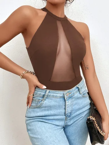 Vista 3 de SweatyRocks Body sin mangas para mujer, cuello redondo, corte alto, de malla, sin mangas