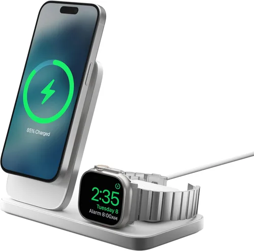 Vista 5 de NOMAD Stand One Max Silver, estación de carga de Apple, soporte de carga MagSafe Qi2 de 25 W para iPhone, Apple Watch y AirPods, estación de carga