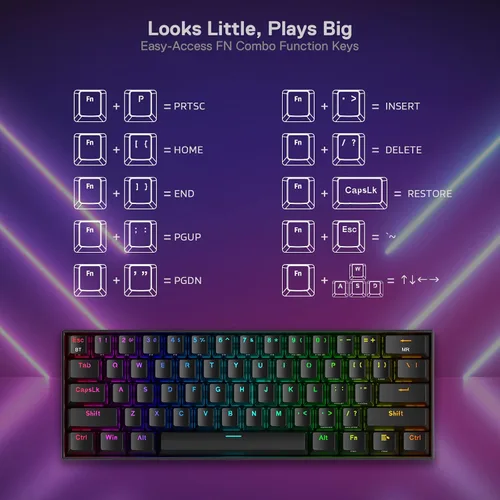 Vista 6 de Redragon K530 Pro Draconic - Teclado mecánico RGB 60% inalámbrico, Bluetooth2.4Ghzcable 3 modos 61 teclas teclado compacto para juegos con enchufe