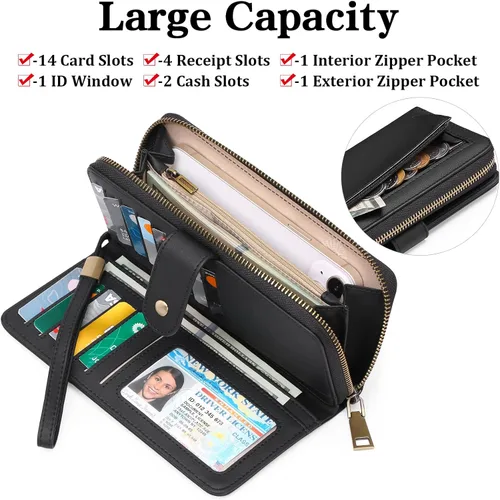 Vista 2 de GAEKEAO Cartera de mano para mujer, con bloqueo RFID, de piel, de gran capacidad, con correa de mano