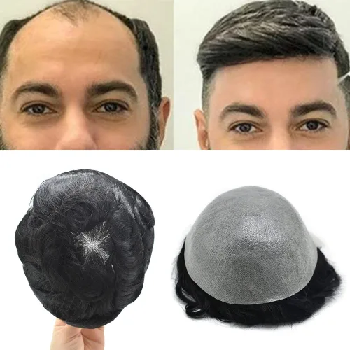 Vista 21 de Hombres Toupee Europea Real Cabello Humano Pieza Todo V-looped 0.002 in Piel Ultra Delgado Toupee para Hombres Sistema de Reemplazo de Cabello