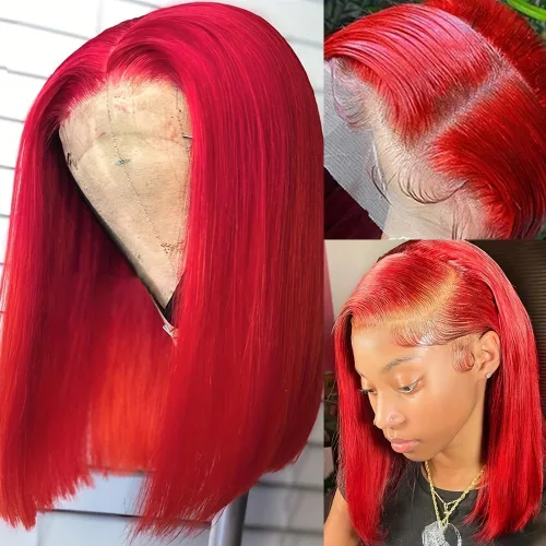 Vista 46 de Pelucas de cabello humano lacio marrón rojizo de 8 pulgadas, #33 13x4 HD, transparente, color marrón rojizo, peluca frontal de encaje frontal