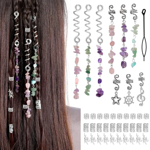 Vista 9 de hoyuwak - 40 piezas de joyería para trenzas, accesorios para rastas y loc, cuentas para el cabello, pinzas, puños, anillos y encantos para mujeres