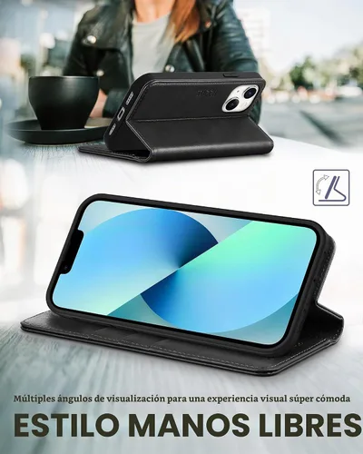 Vista 4 de TUCCH Funda tipo cartera para iPhone 13 5G, de piel sintética, con 3 ranuras para tarjetas, diseño de libro con soporte, funda interior de TPU a