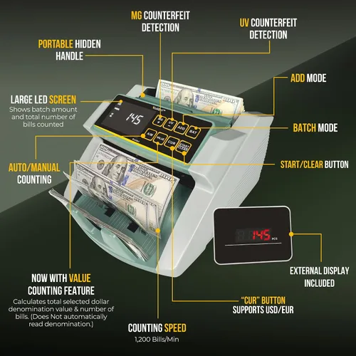 Vista 3 de Kolibri, contador de dinero con detección UV Blanco/Verde (Kolibri Uv/Mg)