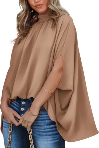 Vista 143 de BTFBM Blusas de verano para mujer, cuello alto falso, manga murciélago, holgadas, dobladillo alto y bajo, blusas informales de gran
