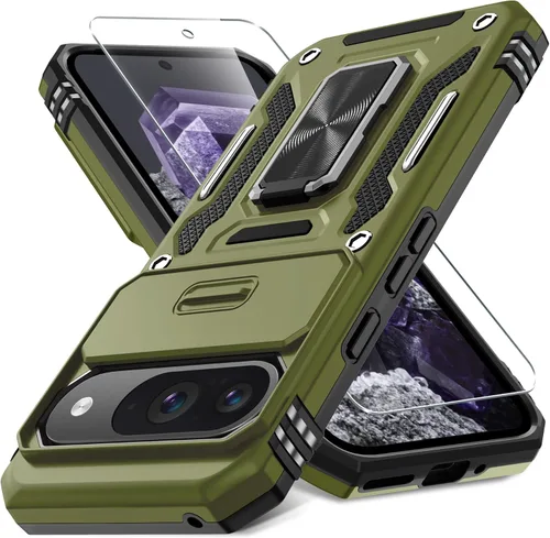 Vista 58 de DEERLAMN Funda para Google Pixel 8 con cubierta deslizante para cámara + protector de pantalla (1 paquete), soporte de anillo giratorio grado