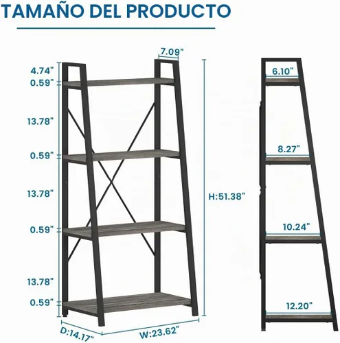 Vista 2 de BON AUGURE - Estantería de escalera, estante de 4 niveles, estantería de madera inclinada para libros para sala de estar, dormitorio, unidad