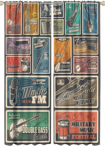 Vista 15 de Cortinas de música rock para adolescentes, tratamiento de ventana de guitarra electrónica para dormitorio, sala de estar, cortinas de ventana