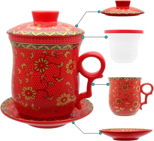 Vista 18 de Taza de té de porcelana con tapa de infusor y juegos de platillos – Taza de café de cerámica china Jingdezhen Taza de té de hoja suelta Sistema