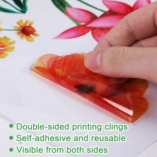Vista 3 de 9 hojas de calcomanías de ventana de primavera con texto en inglés «Hello Spring» para ventanas, flores, mariposas, abejas, pájaros, calcomanías