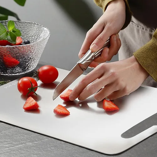 Vista 6 de 4 tablas de cortar de acero inoxidable 304 de acero inoxidable de doble cara con 4 paños de limpieza para cocina, carne, frutas y verduras