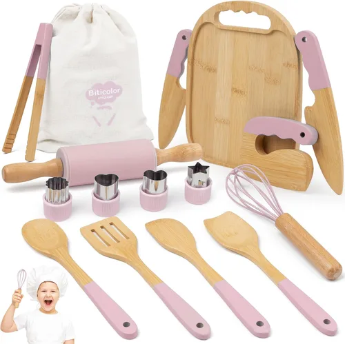 Vista 8 de Juego de cocina Montessori de madera para niños, herramientas de cocina reales y utensilios para hornear, kit de cocina de 15 piezas para niños