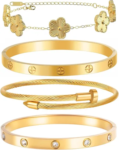 Vista 10 de Pulseras de oro para mujer - 4 piezas/3 piezas, juego de pulseras de tenis de 18K de oro chapado, elegantes pulseras de oro no manchadas de acero