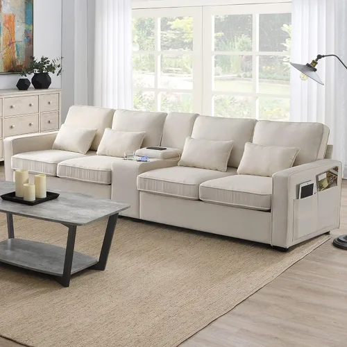 Vista 10 de LUMISOL Moderno sofá de 4 plazas, cómodo sofá modular tapizado con bolsillos para reposabrazos y 4 almohadas, sofá de estilo minimalista para sala