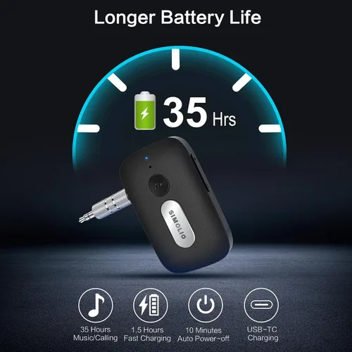 Vista 3 de SIMOLIO Receptor Bluetooth para automóvil, batería de 35 horas, control de volumen, cancelación de ruido, adaptador Bluetooth AUX Bluetooth
