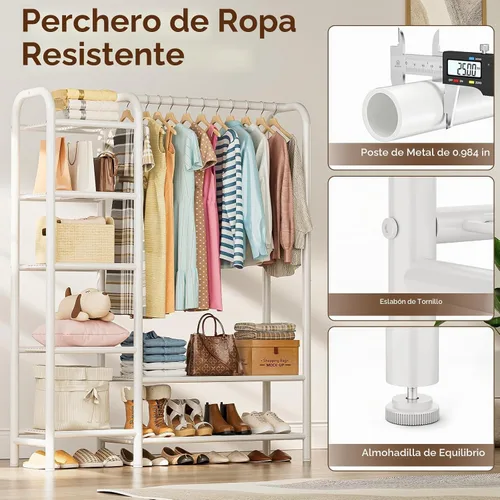 Vista 4 de Perchero resistente con estantes de 5 niveles, carga máxima de 670 libras, perchero de metal multifuncional portátil independiente con sistema Blanco