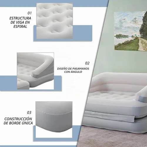 Vista 5 de Sofá cama inflable para camping, flotador de piscina, colchón flocado al aire libre con reposabrazos, tamaño matrimonial