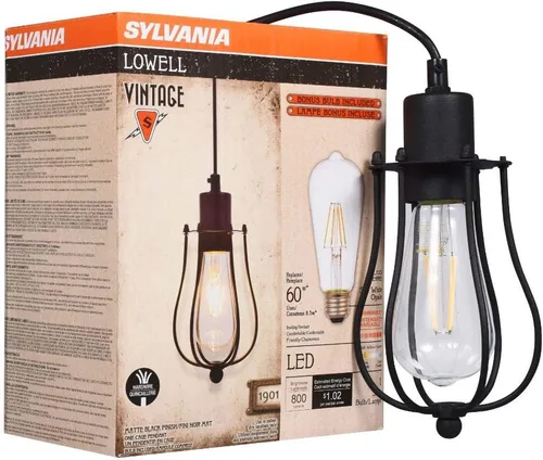 Vista 4 de Sylvania Vintage Hudson - Lámpara colgante antigua con 1 bombilla LED A19 de 8.5 W incluida, 800 lúmenes, negro antiguo, regulable (60053)