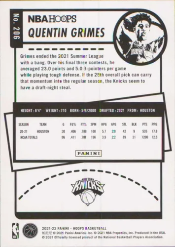 Vista 2 de 2021-22 NBA Hoops #206 Quentin Grimes RC Rookie New York Knicks Official Panini Basketball Card