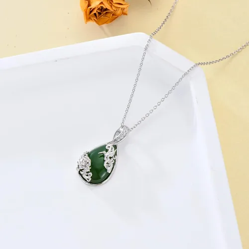 Vista 7 de JKR Teardrop Green Jade Pendant Necklace Hummingbird Dragonfly and Lotus Rose Jewelry Mother's Day Jewelry GIfts for Women Mom Girls Birthday