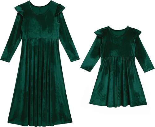 Vista 3 de Mommy and Me Vestido de Volantes de Manga Larga Casual Fiesta de Navidad Vestido de Terciopelo Madre Hija de la Familia a juego Vestido de Ropa