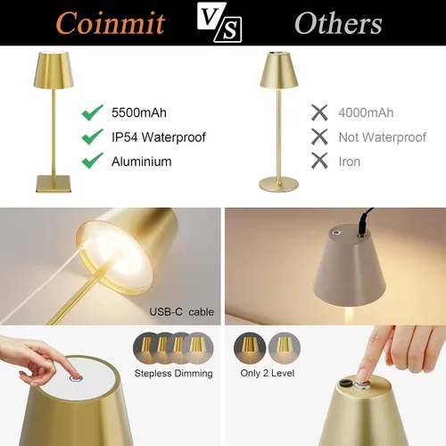 Vista 6 de Lámpara de mesa inalámbrica dorada, 5500 mAh, luz de mesa de latón, 3 temperaturas de color, regulable, recargable, para exteriores, restaurante Oro