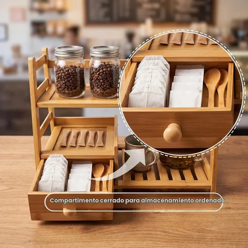 Vista 3 de Matcha Coffee Tea Station con cajón y soporte para bolsitas de té Madera