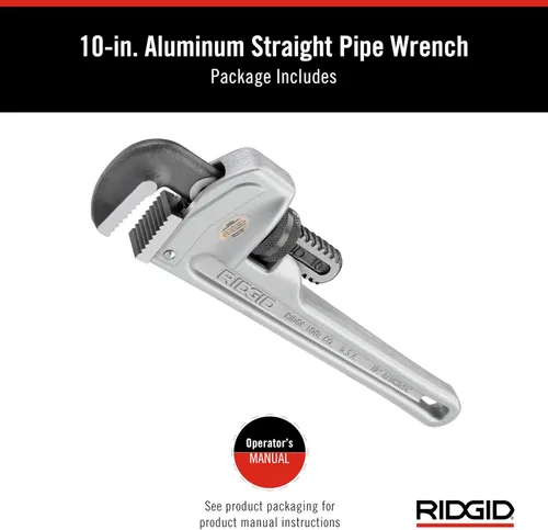Vista 2 de RIDGID 31090 Llave de tubo recto de aluminio, llave de fontanería resistente de 10 pulgadas con hilos autolimpiantes y mordazas de gancho