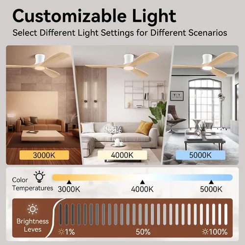 Vista 4 de Livory - Ventiladores de techo empotrados inteligentes de 52" de madera con luces y control remoto, motor CC silencioso, ventilador de techo ultra
