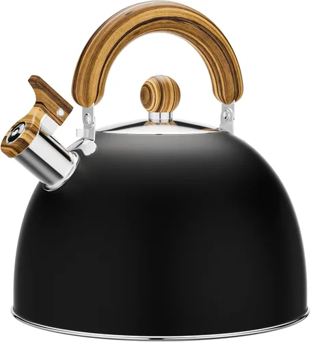 Vista 14 de Hervidor de té silbante de 2.6 cuartos de galón para estufa, de acero inoxidable de grado alimenticio con mango de madera con patrón fresco Negro