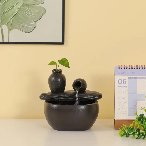 Vista 5 de Fuente de mesa de cerámica para decoración de interiores y hogares, escritorio, oficina, patio (fuente de cerámica para macetas) (negro)