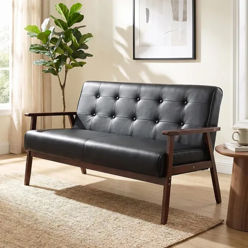 Vista 6 de 51" Black Faux Leather Mid Century Modern Loveseat for Living Room