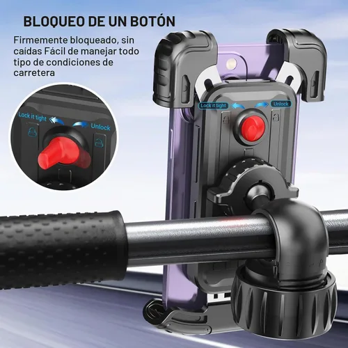 Vista 4 de Soporte para teléfono celular de bicicleta, ajustable en 360 grados, montaje rápido, soporte para manillar de bicicleta para iPhone 16, 15, 14 Pro