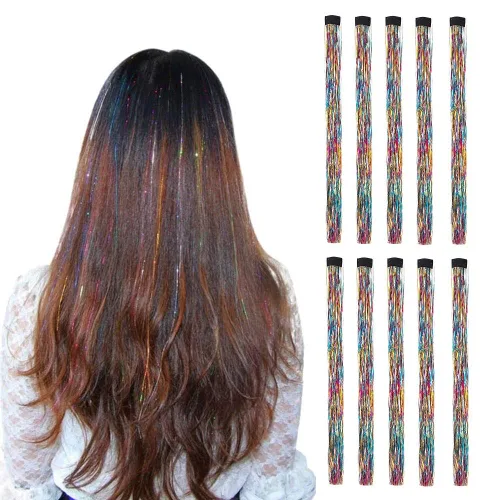 Vista 6 de 10 unids/set de extensiones de pelo de oropel con clip, multicolores con purpurina, mechones de pelo de hadas para mujeres bronce