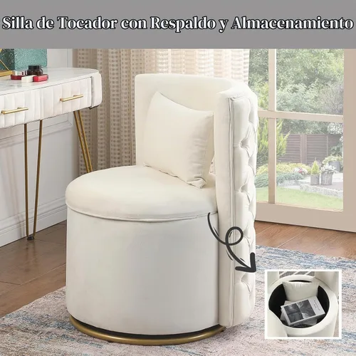 Vista 3 de Silla de tocador con almacenamiento, respaldo copetudo con botones, totalmente montada