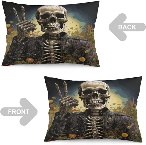 Vista 3 de Funda de almohada divertida de calavera de Halloween de 12 x 20 pulgadas, funda de almohada rústica de Halloween con cremallera oculta, suave