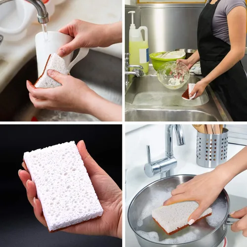 Vista 5 de Esponja natural a base de plantas, paquete de 12 esponjas de limpieza de fibra de palma con esponjas biodegradables compostables que no rayan