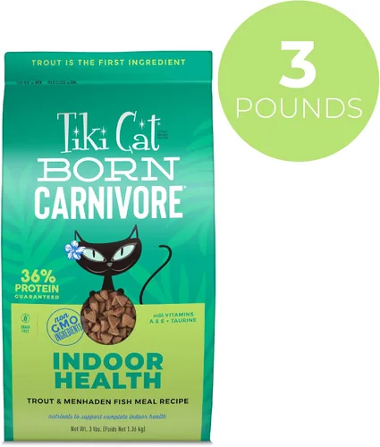 Vista 2 de Comida seca para gatos de interior Tiki Cat Born Carnivore Health, Harina de pescado de trucha y menhaden, Bolsa de 3 libras