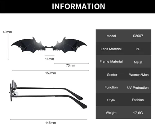 Vista 6 de DOOVID Gafas de sol novedosas con diseño de murciélago sin montura para mujeres y hombres, para fiestas, protección UV400
