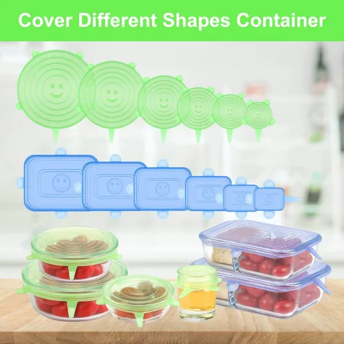 Vista 5 de Tapas elásticas de silicona para almacenamiento de alimentos en el refrigerador, paquete de 12 tapas de silicona, fundas reutilizables de silicona