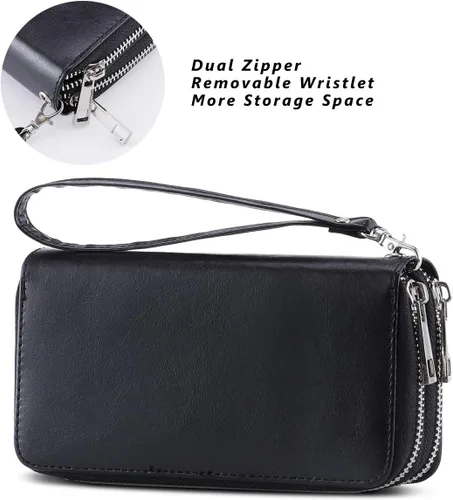 Vista 4 de Cartera de teléfono celular para mujer con doble cremallera y correa de muñeca extraíble