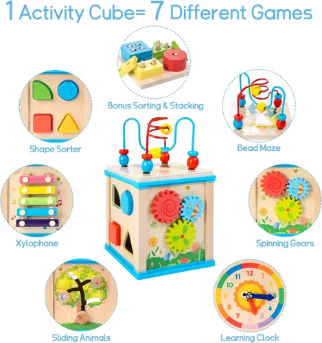 Vista 2 de WOODMAM Cubo de Actividades de Madera 7 en 1, Juguetes Montessori para Niños Pequeños de 1 Año, Juguetes Educativos de Desarrollo para Bebés