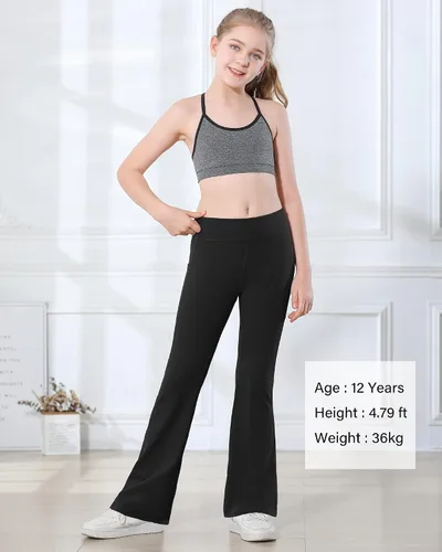 Vista 2 de Stelle Leggings acampanados para niña con bolsillos, cintura alta, corte de bota, pantalones de yoga para danza, pantalones acampanados