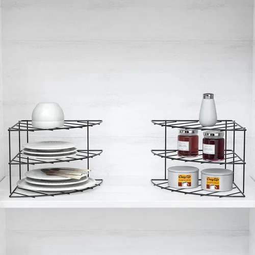 Vista 4 de Deco Brothers Organizador de estantes esquineros de 3 niveles para mostrador y gabinete, paquete de 2, color negro
