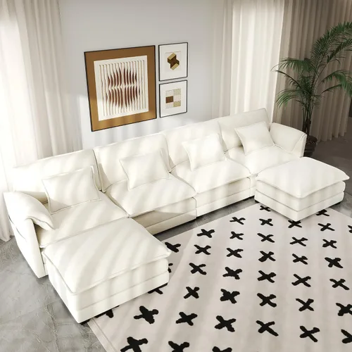 Vista 22 de Real Relax 145'' Sofá seccional modular, sofá convertible de 4 plazas con chenilla, 8 almohadas y 2 reposabrazos para sala de estar, oficina