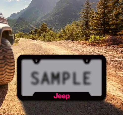 Vista 2 de Jeep Marco para matrícula con estampado UV en rosa Tuscadero y plástico negro plateado
