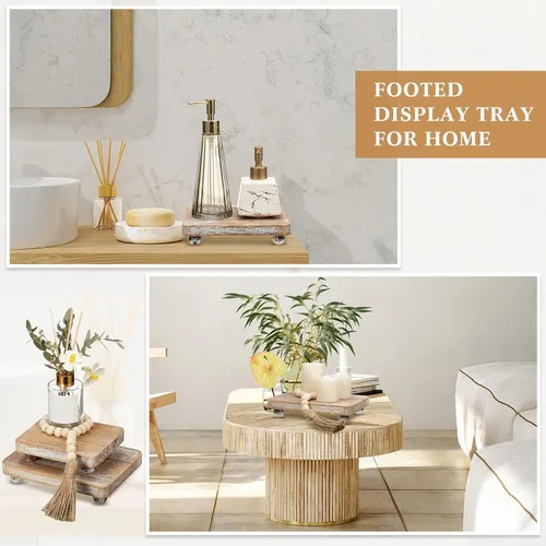 Vista 6 de Capoda 3 piezas de elevadores de madera para decoración, mini soportes de pedestal de madera con guirnalda de cuentas de madera, decoración rústica
