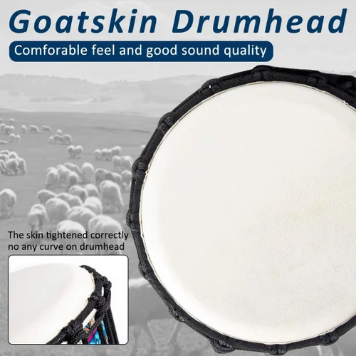 Vista 2 de Tambor africano de Djembe, estándar 8 '' tambores cosidos tela azul del Congo, tambor profesional del bongo con la cabeza del tambor de la piel